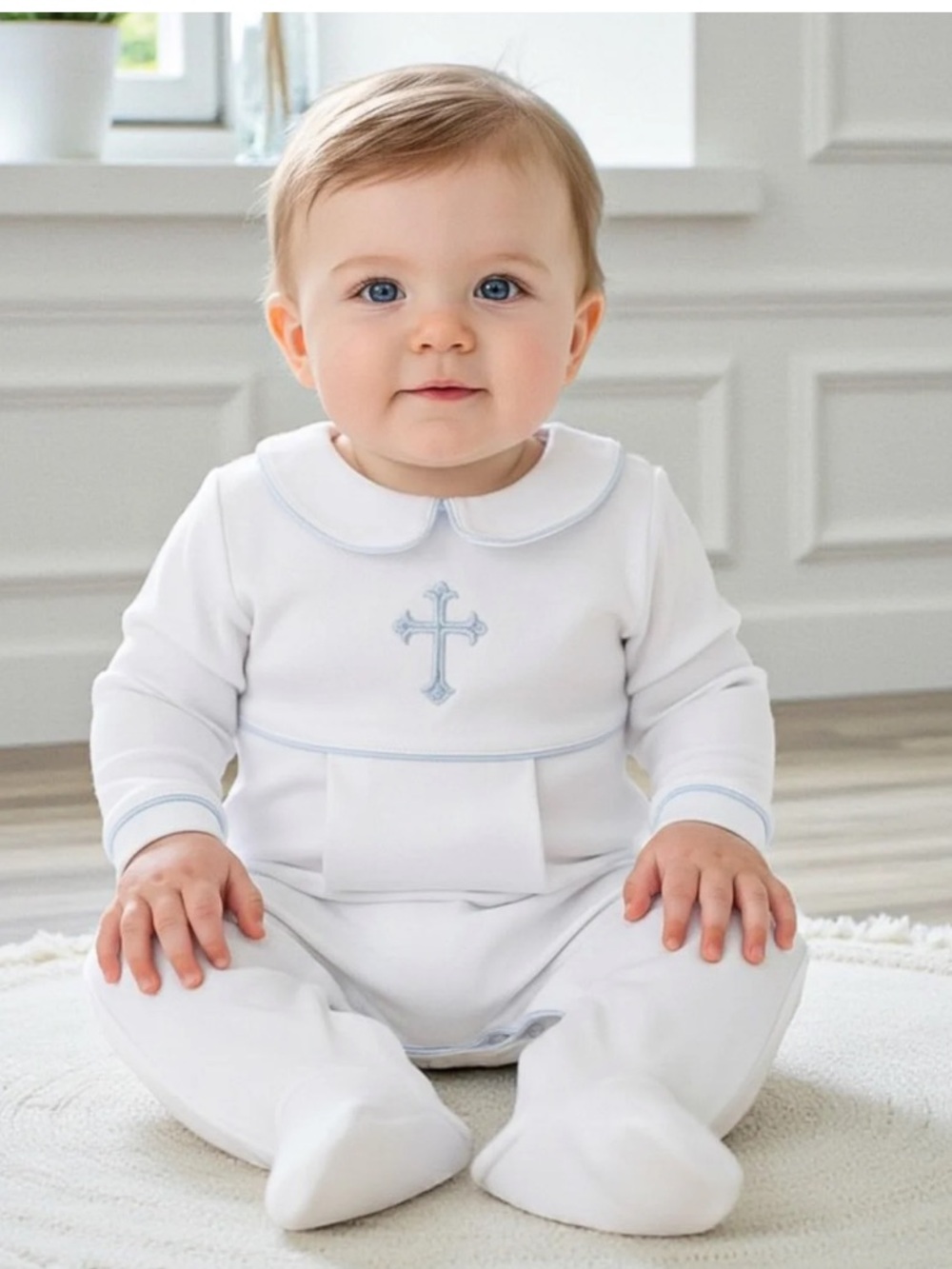 Anne Everett Rae Baptism, Dedication or Christening Blue Cross Footie 9m